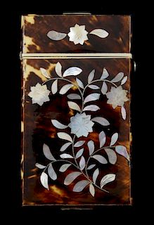 Tortoiseshell and mother of pearl inlaid card case, 9 x 5 cm
