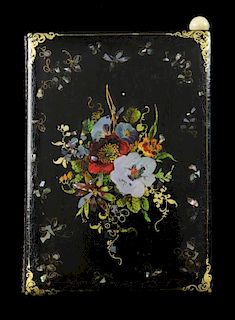Papier Mch note case with gilt, painted and mother of pearl decoration, 9.5 x 6.5 cm