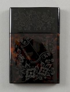 Tortoiseshell card case engraved with strawberries and flowers, 9 x 6 cm