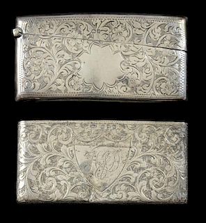 Engraved silver card case with hinged cover, Chester hallmarks and another with open top,