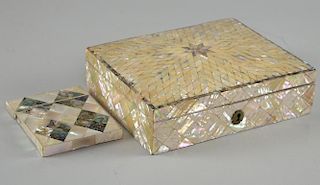 Mother of pearl and abalone covered jewellery box, 18.5cm x 15.5cm, and a similar card case 10.5cm x 8cm,