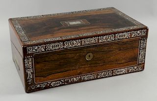 Victorian rosewood and mother of pearl inlaid writing slope with cut glass and brass inkwells, 16cm x 40.5cm x 26cm,