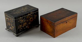 A papier mache tea caddy, 13.5 cm high, and an inlaid mahogany tea caddy, 10.5 cm high, (2),