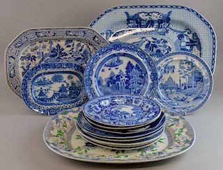 Various 19th century blue and white transfer printed wares including three meat dishes, 14 pieces in all