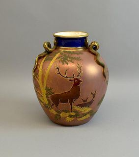 Royal Worcester vase of ovoid form with stag and deer decoration and three applied serpent handles, 22cm high,