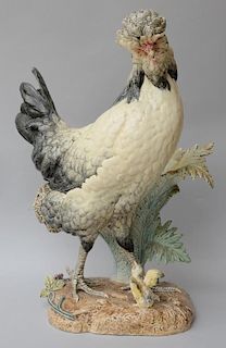 French terracotta model of a cockerel in coloured glazes,by  P. Comolera for Choisy-le-Roi, 61cm high,