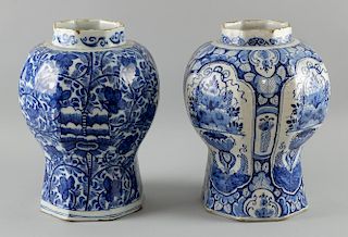 Baluster shaped Delft vase decorated in underglazed blue with foliate scrolls, 30cm high and another with panels of flowers i