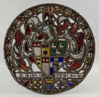 Late 19th/early 20th century circular stained glass panel depicting coat of arms with oak leaves, possibly by Archibald Keigh