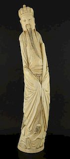 Late 19th century Chinese carved ivory figure of a robed sage with long beard, mark to base, 74cm high,PLEASE NOTE: THIS ITEM
