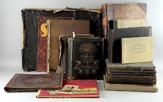 Large Victorian scrap album with cloth pages, four early 20th century scrap books, an album of post cards, together with vari