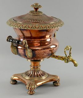 An early Victorian copper and brass tea urn by Benham 19 Wigmore St London. 41cm