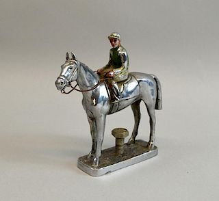 Silver plated and painted vintage car mascot in the form of a horse and jockey, 11cm