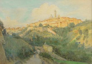 Walter TYNDALE (1855/59-1943) town on a mount watercolour, 35.5cm x 25cm.