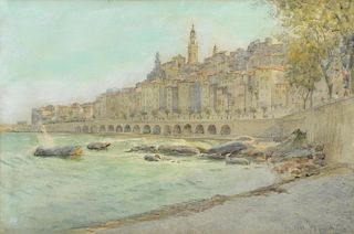 Walter TYNDALE (1855/59-1943) view Menton port view watercolour, 34cm x 24.5cm. Signed.