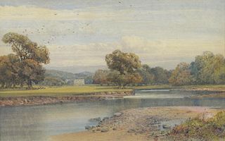 Ben Hallewell, riverscape with country house in the distance, signed and dated 1867, watercolour, 39cm x 25cm,