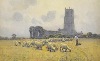 Jessie HALL (-1915) field of sheep with church in the background signed dated 1904 watercolour 29cm x 45cm