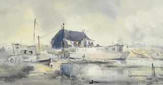 Sybil Mullan Glover, dock yard, signed, watercolour, 28cm x 52cm