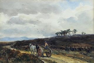 Alexander Kellock BROWN (1849-1922) horses and cart on a track ion open moorland, signed watercolour. 23cm x 15.5cm.