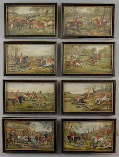 In the manner of Alken, a series of 8 watercolours of hunting scenes. 11 x 19cm