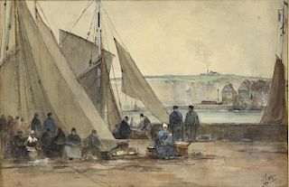 19th century watercolour, fisher-women on a quay side, signed indistinctly, 18 x 27 cm