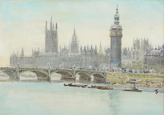 Thomas Greenhalgh , Houses of parliament from the Thames monogrammed watercolour, 24cm x 34cm