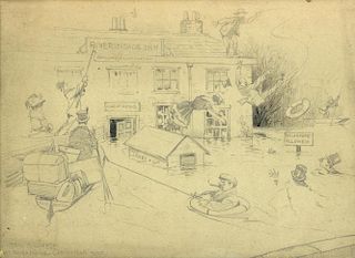 A humorous drawing, Welcoming the guests at Riverside, Christmas 1907, unsigned but with an inscription verso. 35 x 35 cm