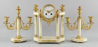 Early 20th century alabaster and gilt metal clock garniture, clock with twin train movement striking on bell 30cm flanked by 