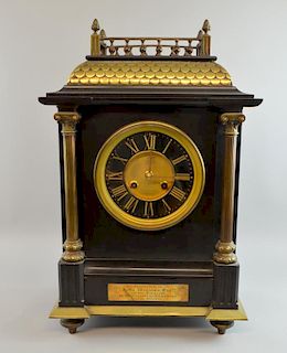 19th century J W Benson of  London polished slate and brass mantel clock with a twin train striking on a chime, 57cm  plaque 
