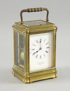 A French brass gorge cased carriage clock with push-button repeat Retailed by Barraud and Lunds, London,