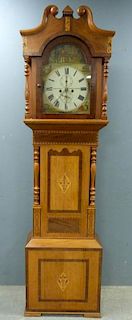 19th century eight day clock by R Marshall of Shortly Bridge, painted dial with subsidiary date dial and second dial, twin tr