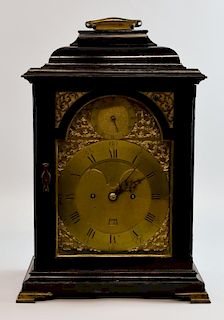 George III double fusee ebonised table clock, the back plate with fine foliate engraving and the movement with verge and crow