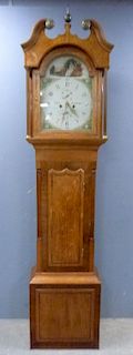 18th century oak and mahogany longcase clock, with eight-day twin train movement, painted dial with Arabic numerals, subsidia