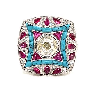 Platinum Diamond Turquoise Ruby Ring