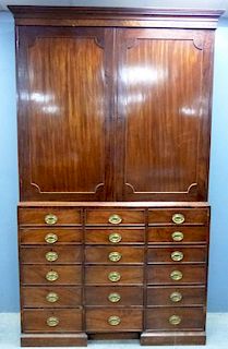 19th century mahogany secretaire estate cabinet topped with two cupboard doors, the base with secretaire and fourteen drawers