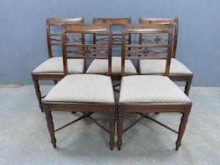 Set of five 19th century mahogany bar back dining chairs with drop in seats on turned legs with X stretchers