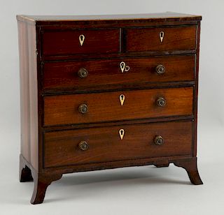 19th century mahogany miniature chest with two long and three long drawers, 40cm x 40cm.