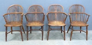 Set of four 19th century yew and elm Windsor chairs