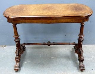 Victorian burr walnut fold-over card table on twin end supports and foliate carved splay feet, 72cm, 98cm, 50cm,