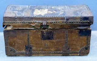 19th century leather and metal bound  domed topped trunk 35cm  56cm