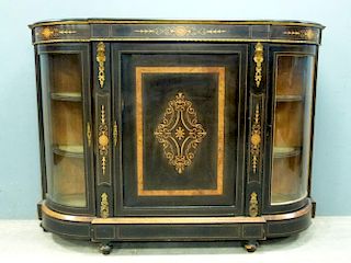 19th century ebonised credenza, a panelled door flanked by two glazed doors  on plinth base , 111cm, 153cm, 40cm