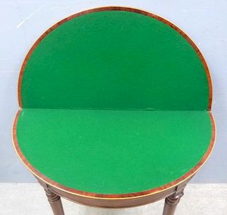 19th century mahogany demi-lune card table on square legs, 79cm x 96cm,