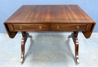 19th century mahogany and satin wood strung sofa  table , 75cm x 100cm