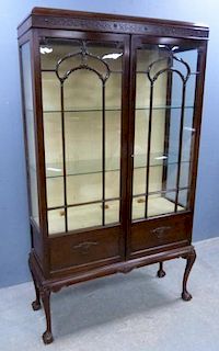 Early 20th century mahogany display cabinet on cabriole legs and ball and claw feet, 180cm x 102cm x 37cm,