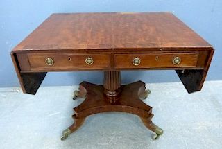 Regency mahogany and rosewood crossbanded sofa table on central column and quatrefoil base, 73cm x 92cm x 69cm,