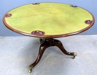 19th century mahogany tilt-top card table with inset leather top and five counter wells, on turned column and tripod base, 73