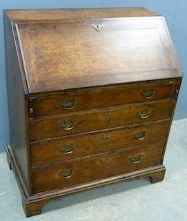18th century oak bureau, fitted interior with well above two short and two long drawers on bracket base , 97cm x 84cm,