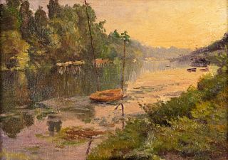Charles Maurand Boat on Water Landscape O/C Painting