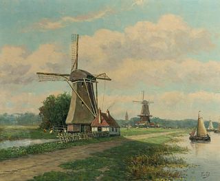 Dutch Windmill Landscape O/C Painting Signed