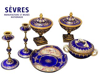 19th C. Collection 6 Sevres Pieces Of Jeweled Hand Painted In Cobalt Blue