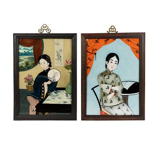 (2) Pair of Chinese Reverse Painted Glass Female Portraits